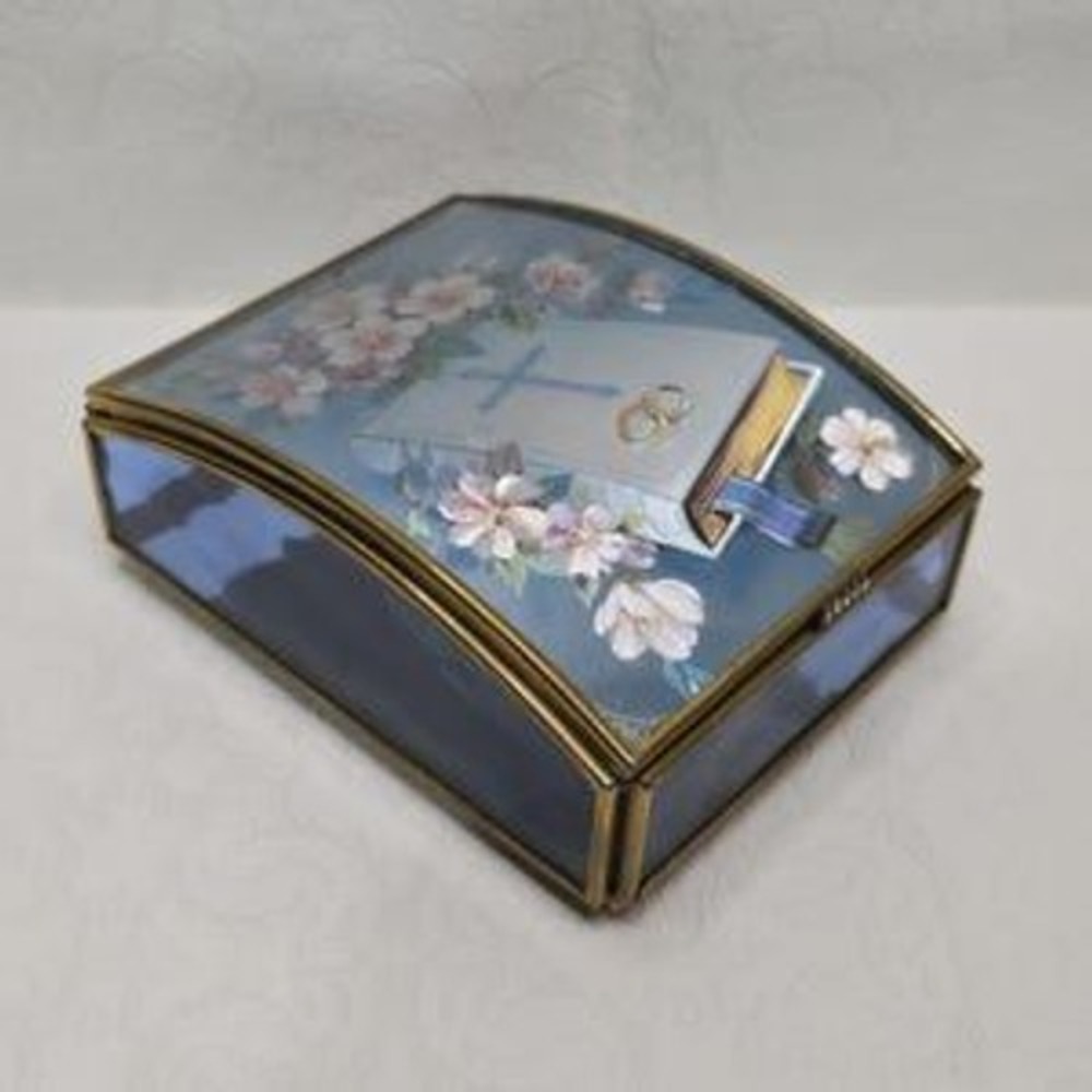 Stained Glass Trinket Box Bible Wedding Rings Bridal Gift Brass Keepsake Shower